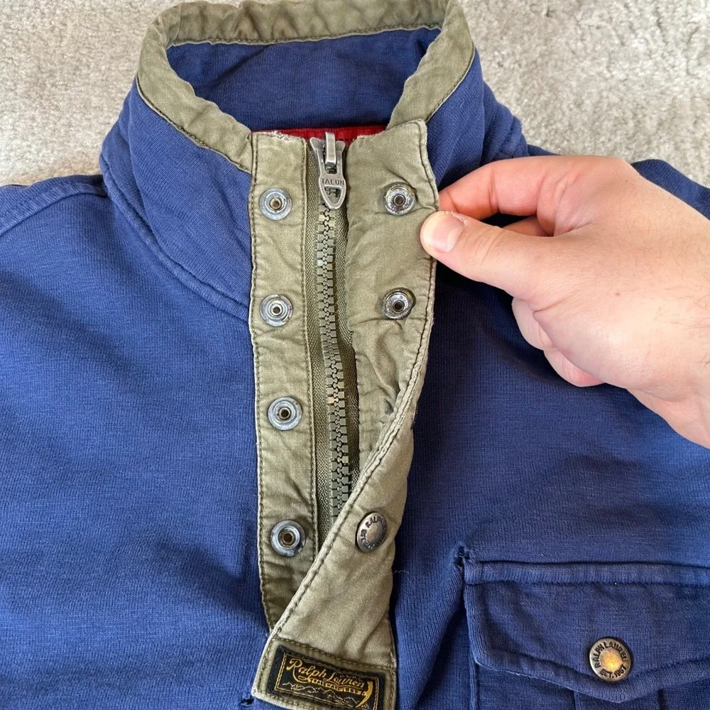 VTG Polo Ralph Lauren Pullover Mens Medium Blue Quarter Zip Military Elbow Patch